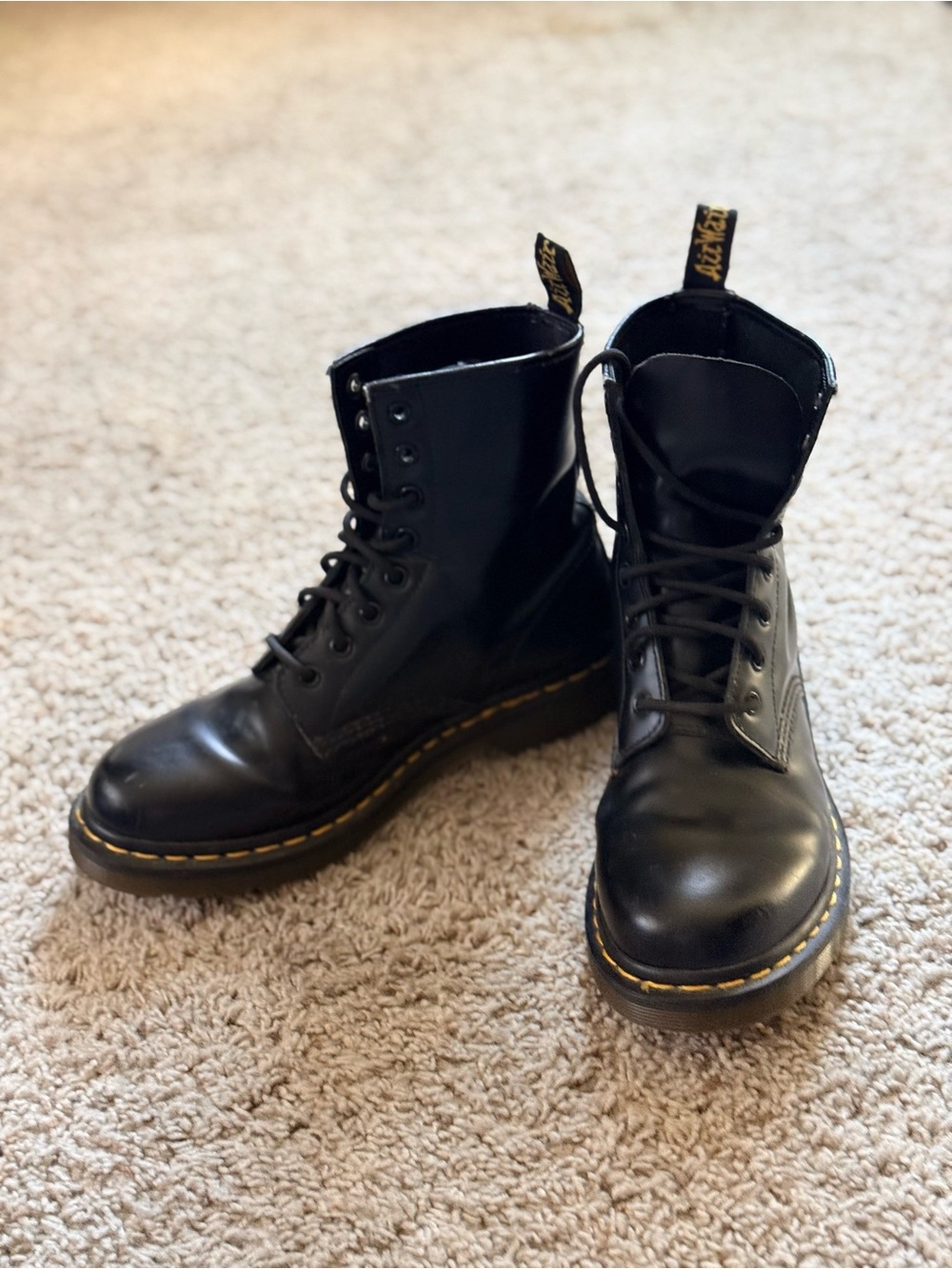 Dr. Martens Black Leather 8-Eye Lace-Up Boots with Yellow Stitch